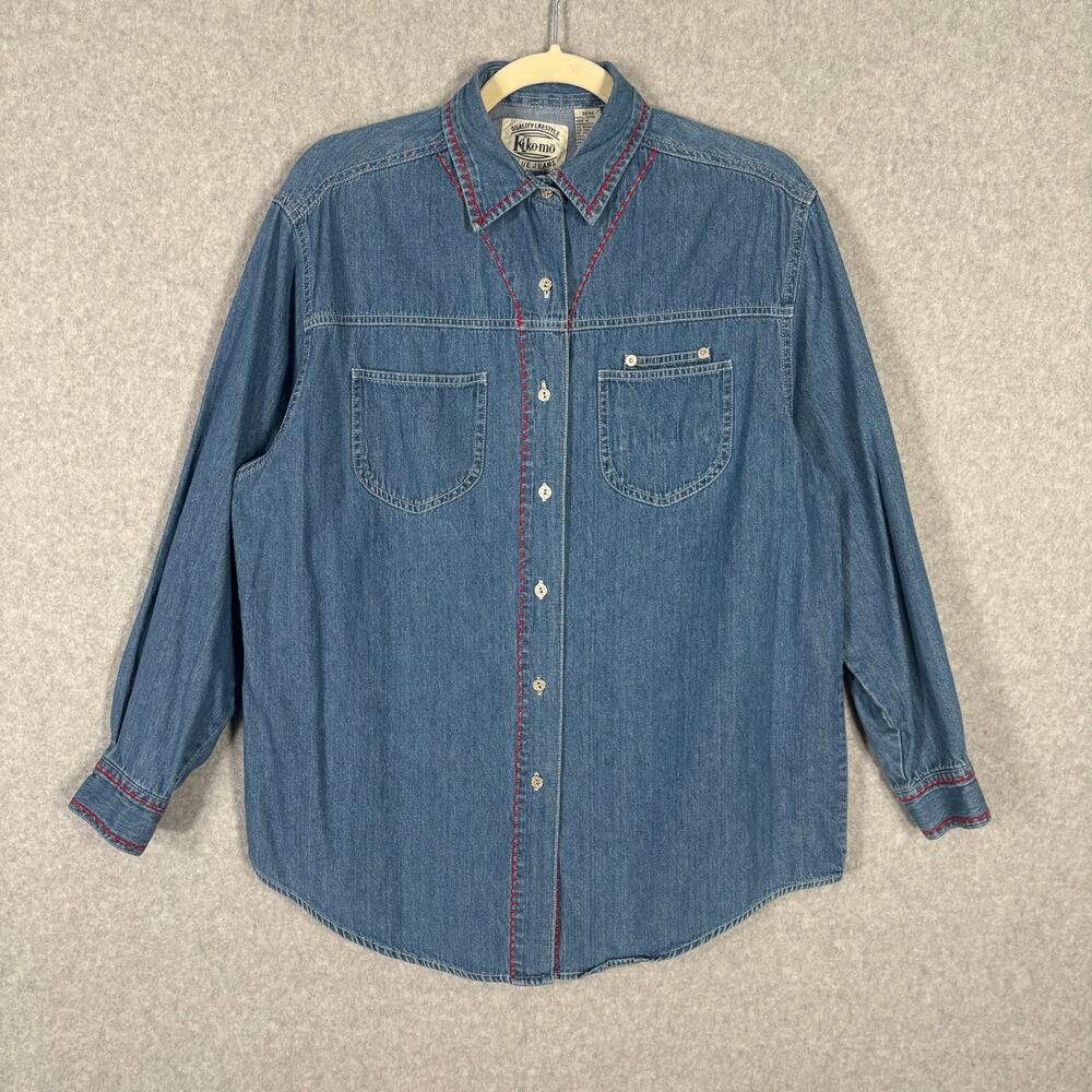 Kikomo Shirt Womens‎ Medium Denim Jean Button Stitch Granny Meemaw Western 90s